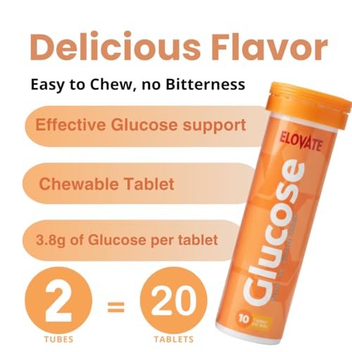 ELOVATE Schnell wirkende Glukosetabletten, Pfirsich & Himbeere Geschmack – Erhöht niedrigen Blutzucker, 15g pro Portion, Kaubar, Glutenfrei – 2 Tuben (20 Stück, Mehrfachgeschmack)