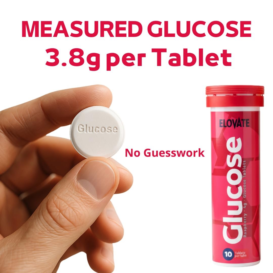 ELOVATE Schnell wirkende Glukosetabletten, Pfirsich & Himbeere Geschmack – Erhöht niedrigen Blutzucker, 15g pro Portion, Kaubar, Glutenfrei – 2 Tuben (20 Stück, Mehrfachgeschmack)