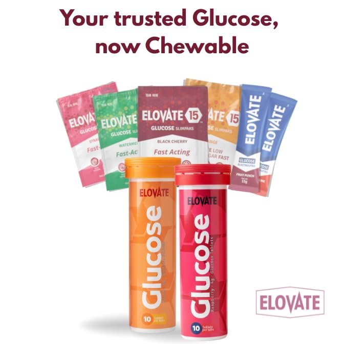 ELOVATE Schnell wirkende Glukosetabletten, Pfirsich & Himbeere Geschmack – Erhöht niedrigen Blutzucker, 15g pro Portion, Kaubar, Glutenfrei – 2 Tuben (20 Stück, Mehrfachgeschmack)