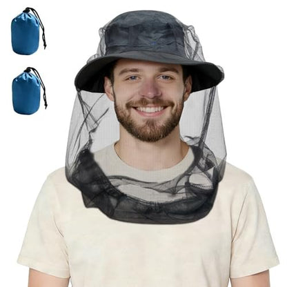 2er-Pack Moskitonetz für Insekten, Fliegen, Mücken und Bienen | Ultra groß & lang, leicht & atmungsaktiv für Imkerei, Camping, Wandern, Gartenarbeit, Safari | Passt auf alle Hüte für Damen & Herren