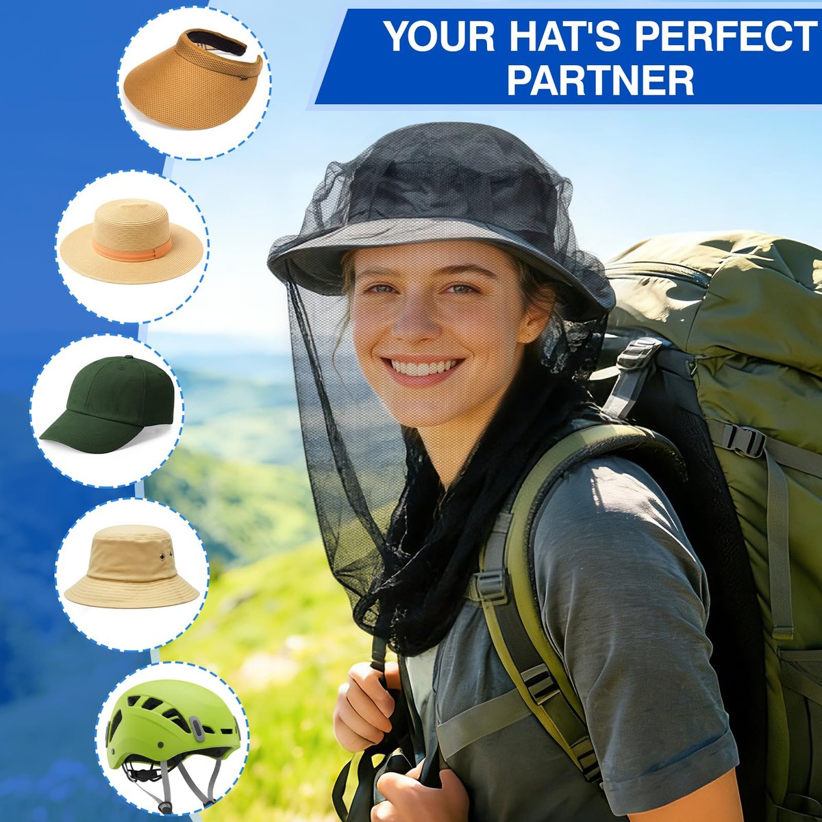 2er-Pack Moskitonetz für Insekten, Fliegen, Mücken und Bienen | Ultra groß & lang, leicht & atmungsaktiv für Imkerei, Camping, Wandern, Gartenarbeit, Safari | Passt auf alle Hüte für Damen & Herren