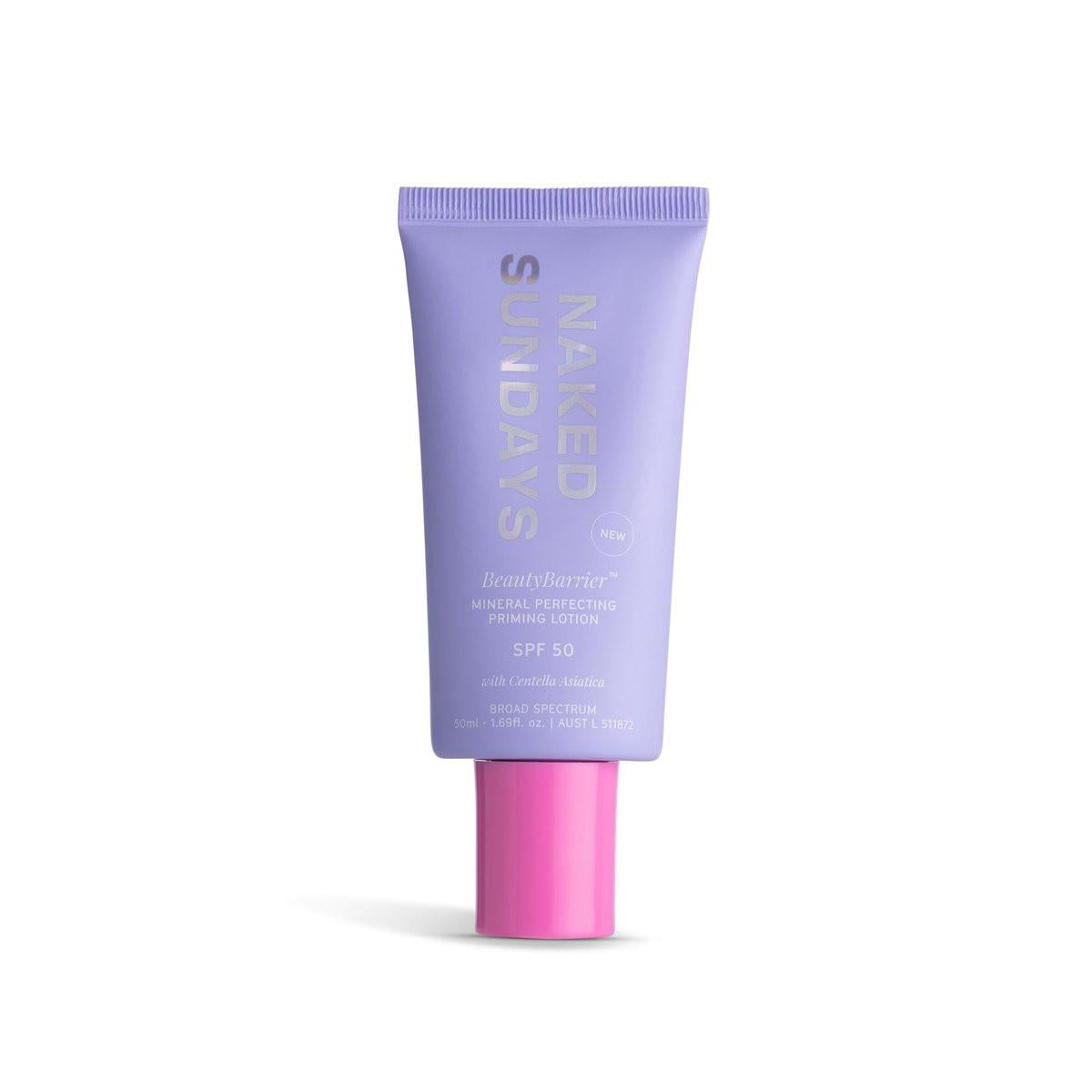 Naked Sundays BeautyBarrier Mineral Perfecting Priming Lotion SPF 50 – Mineralischer Sonnenschutz-Primer für empfindliche Haut mit Zinkoxid & Centella Asiatica (Cica), 50 ml