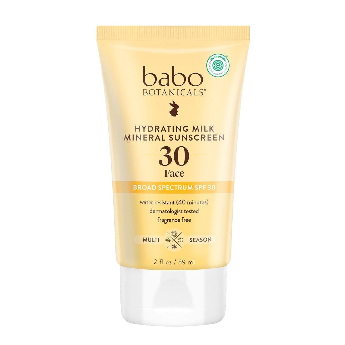 Babo Botanicals Hydrating Milk Mineral Sonnenschutz SPF30 - Natürliches Zinkoxid - Feuchtigkeitsspendend - Wasserfest - Duftfrei - EWG-zertifiziert - Vegan - Für das Gesicht - Für empfindliche Haut