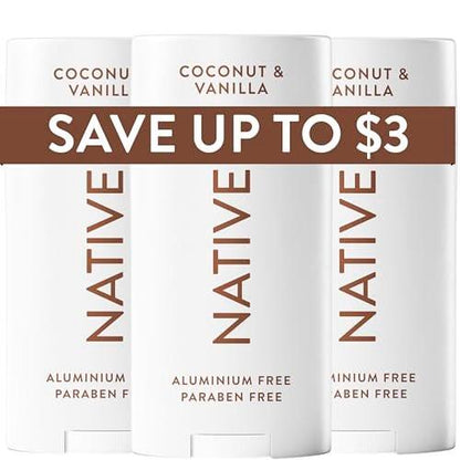 Native Deodorant Coconut & Vanilla, 3er-Pack – 72h Geruchskontrolle, aluminiumfrei, mit Kokosöl & Sheabutter