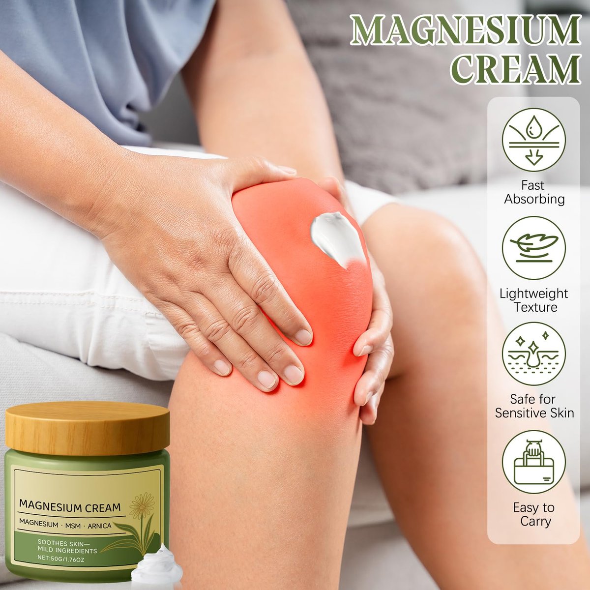 rexibuz 2er-Pack Magnesium Creme mit MSM & Arnika, schnell einziehende & nicht fettende Feuchtigkeitslotion, sanfte Formel zur Beruhigung der Haut, 50g/1,76 oz