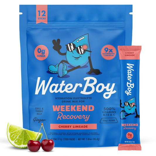 Waterboy Weekend Recovery | 3.200 mg Elektrolyt-Pulverbeutel | Ingwer + L-Theanin + Vitamine | Ohne Zucker, Natürlich, Glutenfrei | Kirsche-Limette