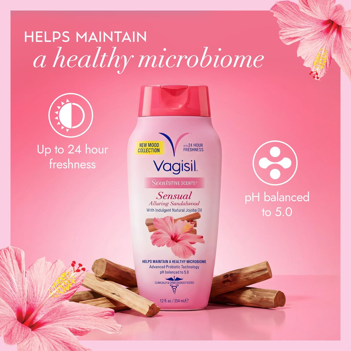 Vagisil Intimwaschgel für die Intimhygiene, Scentsitive Scents® Sensual Mood Verführerisches Sandelholz, pH-ausgeglichen und gynäkologisch getestet, 355 ml (1er-Pack)