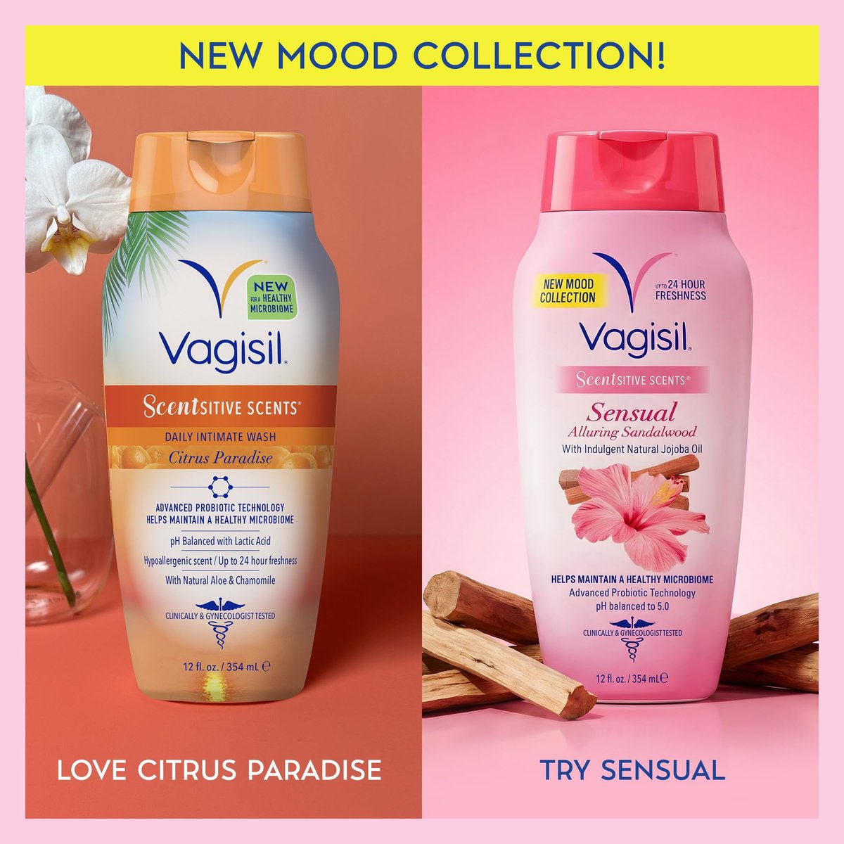 Vagisil Intimwaschgel für die Intimhygiene, Scentsitive Scents® Sensual Mood Verführerisches Sandelholz, pH-ausgeglichen und gynäkologisch getestet, 355 ml (1er-Pack)