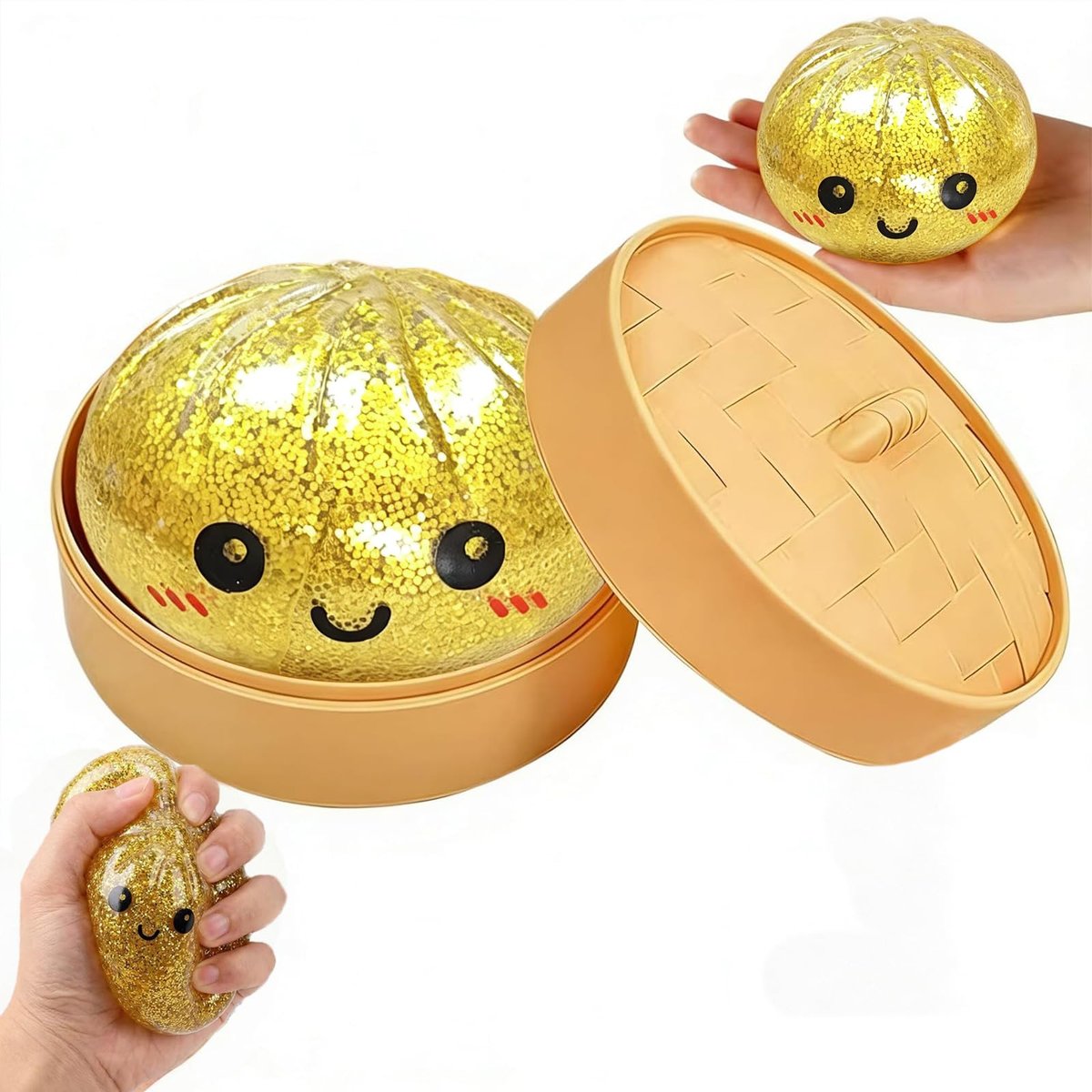 Dumpling Squishy Box mit Glitzer - Niedliches stressabbauendes Spielzeug für Kinder und Erwachsene, langsames Zurückfedern, sensorisches Fidget-Spielzeug, ideal als Ostergeschenk