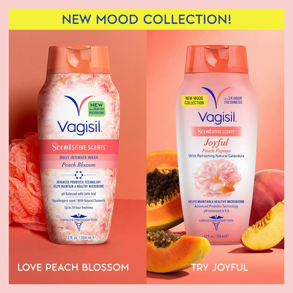 Vagisil Intimwaschgel für die tägliche Pflege, Scentsitive Scents® Joyful Mood Pfirsich Papaya, pH-hautneutral und gynäkologisch getestet, 355 ml