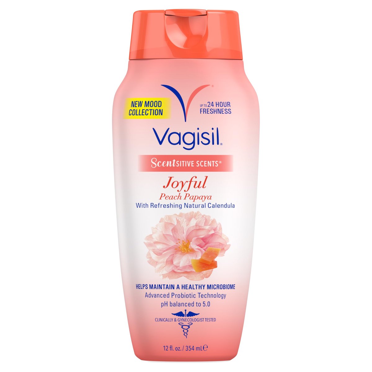 Vagisil Intimwaschgel für die tägliche Pflege, Scentsitive Scents® Joyful Mood Pfirsich Papaya, pH-hautneutral und gynäkologisch getestet, 355 ml