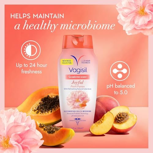 Vagisil Intimwaschgel für die tägliche Pflege, Scentsitive Scents® Joyful Mood Pfirsich Papaya, pH-hautneutral und gynäkologisch getestet, 355 ml