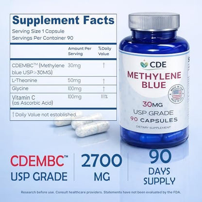 CDE Methylenblau Kapseln 30mg – Hergestellt in den USA, 90-Tage-Vorrat – Pharmazeutische CDEMBC USP-Qualität, Laborgeprüft, Formaldehydfrei, Non-GMO – Zelluläre & Kognitive Unterstützung