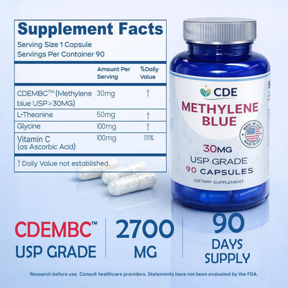 CDE Methylenblau Kapseln 30mg – Hergestellt in den USA, 90-Tage-Vorrat – Pharmazeutische CDEMBC USP-Qualität, Laborgeprüft, Formaldehydfrei, Non-GMO – Zelluläre & Kognitive Unterstützung