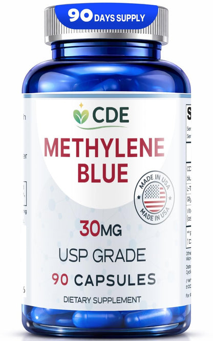 CDE Methylenblau Kapseln 30mg – Hergestellt in den USA, 90-Tage-Vorrat – Pharmazeutische CDEMBC USP-Qualität, Laborgeprüft, Formaldehydfrei, Non-GMO – Zelluläre & Kognitive Unterstützung