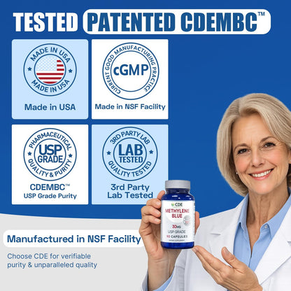 CDE Methylenblau Kapseln 30mg – Hergestellt in den USA, 90-Tage-Vorrat – Pharmazeutische CDEMBC USP-Qualität, Laborgeprüft, Formaldehydfrei, Non-GMO – Zelluläre & Kognitive Unterstützung