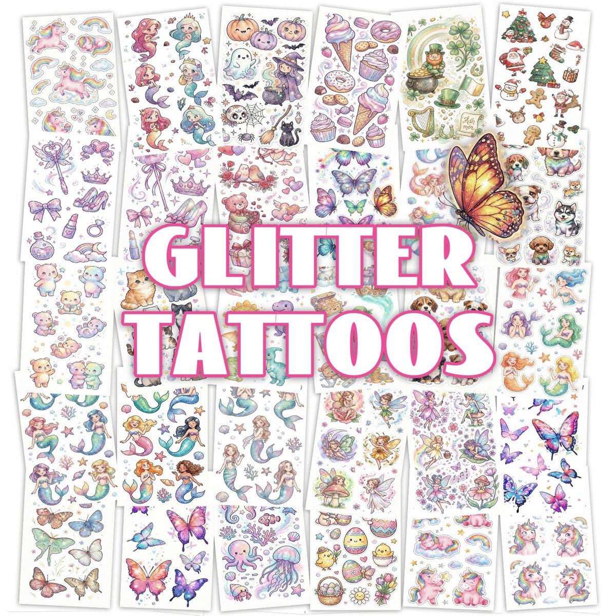Keikihipa Glitzer-Tattoos für Mädchen – 30 Blätter Schmetterling, Meerjungfrau, Fee – Temporäre Tattoo-Sticker für Kinder – Party-Geschenke & Geburtstags-Goodie-Bags