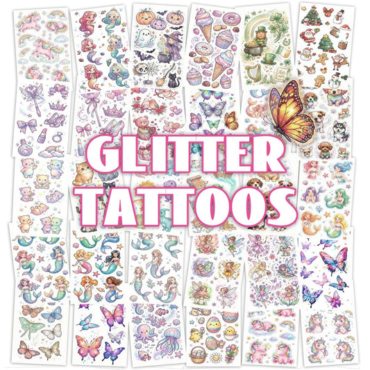 Keikihipa Glitzer-Tattoos für Mädchen – 30 Blätter Schmetterling, Meerjungfrau, Fee – Temporäre Tattoo-Sticker für Kinder – Party-Geschenke & Geburtstags-Goodie-Bags