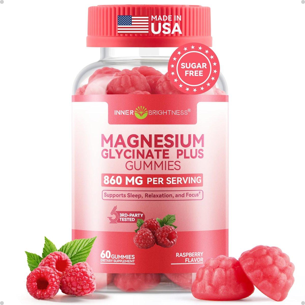 Magnesium Glycinat Gummies 860 mg (100 mg elementares Magnesium) – Zuckerfrei, Melatoninfrei, für Erwachsene & Kinder ab 4 Jahren – Fördert erholsamen Schlaf, Muskelregeneration & Ruhe – Himbeer-Geschmack, 60 Stück