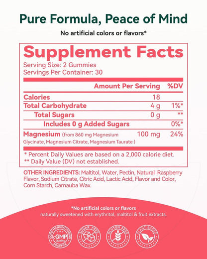 Magnesium Glycinat Gummies 860 mg (100 mg elementares Magnesium) – Zuckerfrei, Melatoninfrei, für Erwachsene & Kinder ab 4 Jahren – Fördert erholsamen Schlaf, Muskelregeneration & Ruhe – Himbeer-Geschmack, 60 Stück