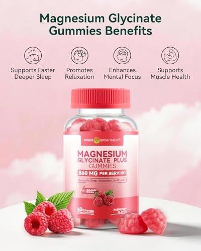 Magnesium Glycinat Gummies 860 mg (100 mg elementares Magnesium) – Zuckerfrei, Melatoninfrei, für Erwachsene & Kinder ab 4 Jahren – Fördert erholsamen Schlaf, Muskelregeneration & Ruhe – Himbeer-Geschmack, 60 Stück