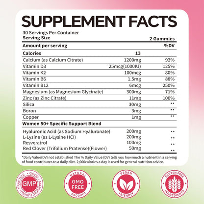 Foesdker Calcium-Citrat-Gummis für Frauen mit Kollagen – 1200 mg kaubare Calcium-Gummis, Erdbeergeschmack, für Knochen-, Muskel- und Immununterstützung, 60 Stück