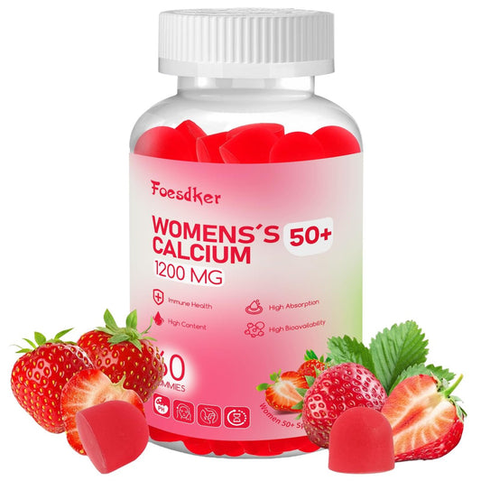 Foesdker Calcium-Citrat-Gummis für Frauen mit Kollagen – 1200 mg kaubare Calcium-Gummis, Erdbeergeschmack, für Knochen-, Muskel- und Immununterstützung, 60 Stück
