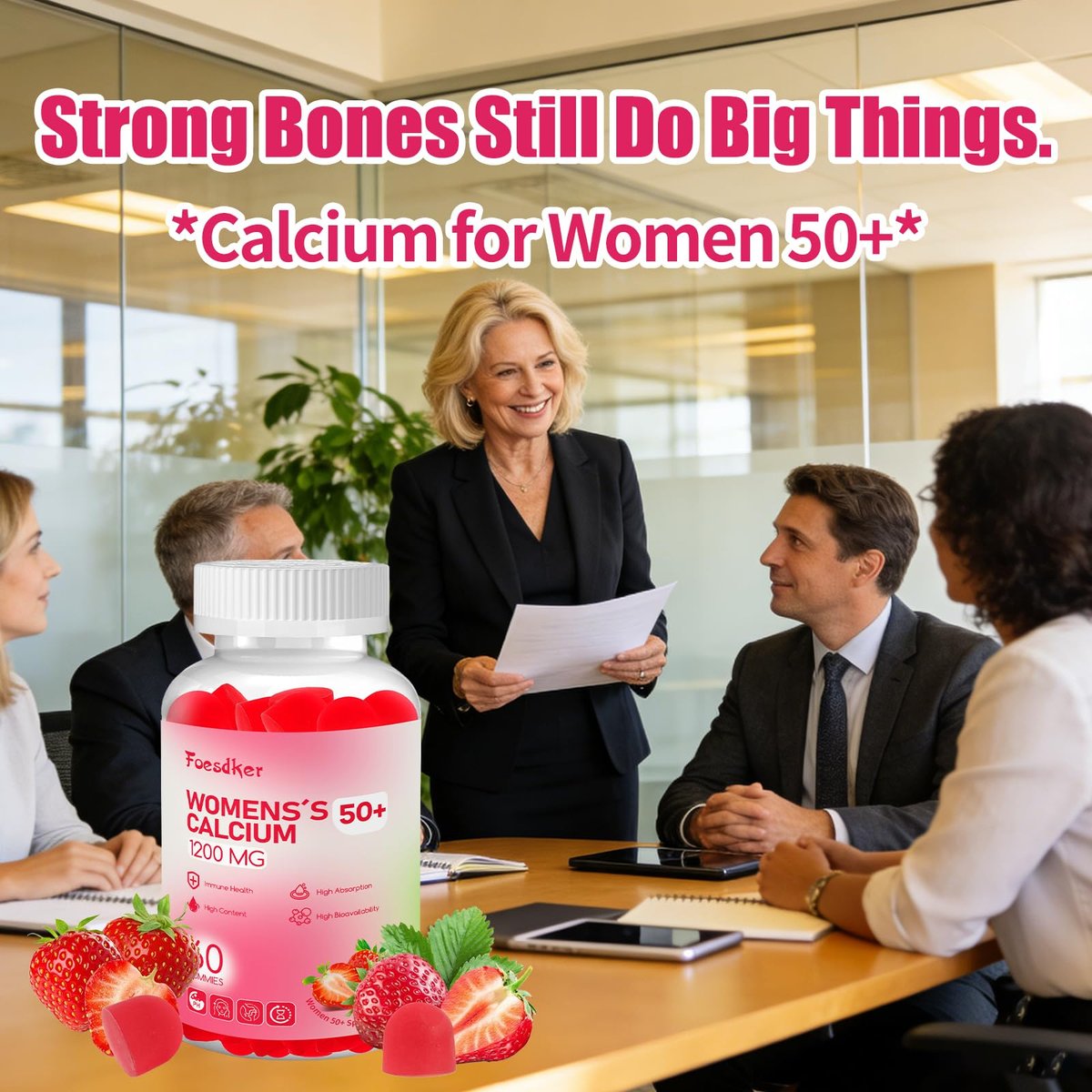 Foesdker Calcium-Citrat-Gummis für Frauen mit Kollagen – 1200 mg kaubare Calcium-Gummis, Erdbeergeschmack, für Knochen-, Muskel- und Immununterstützung, 60 Stück