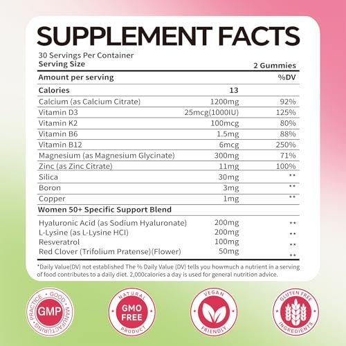 Foesdker Calcium-Citrat-Gummis für Frauen mit Kollagen – 1200 mg kaubare Calcium-Gummis, Erdbeergeschmack, für Knochen-, Muskel- und Immununterstützung, 60 Stück