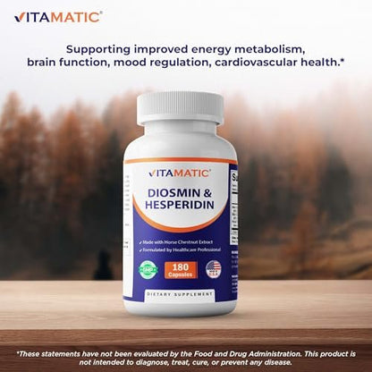 Vitamatic Diosmin Hesperidin 1000mg mit Rosskastanienextrakt 100 mg – 180 Kapseln – Citrus-Bioflavonoid-Komplex – Nicht-GMO – Hergestellt in den USA