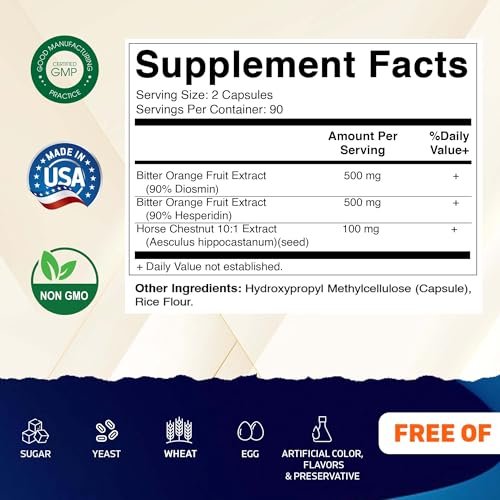 Vitamatic Diosmin Hesperidin 1000mg mit Rosskastanienextrakt 100 mg – 180 Kapseln – Citrus-Bioflavonoid-Komplex – Nicht-GMO – Hergestellt in den USA