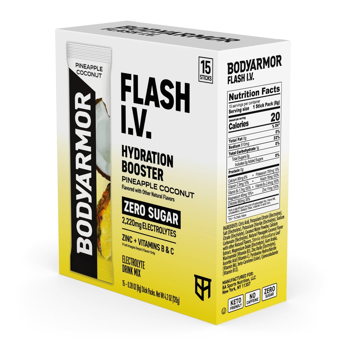 BODYARMOR Flash I.V. Elektrolyt-Päckchen, Ananas-Kokosnuss, Null Zucker, Getränkemischung für Sport, Reisen und Alltag (15 Stück)