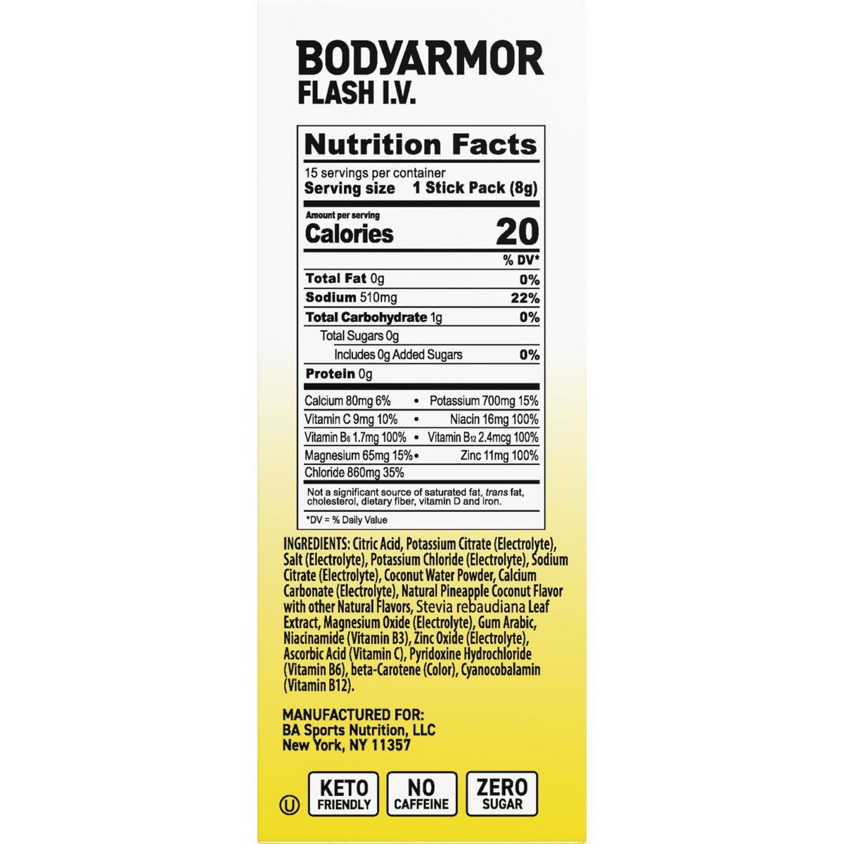 BODYARMOR Flash I.V. Elektrolyt-Päckchen, Ananas-Kokosnuss, Null Zucker, Getränkemischung für Sport, Reisen und Alltag (15 Stück)