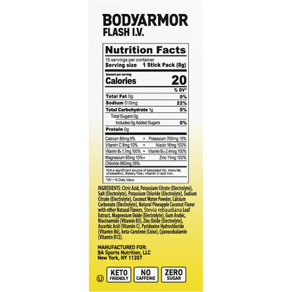 BODYARMOR Flash I.V. Elektrolyt-Päckchen, Ananas-Kokosnuss, Null Zucker, Getränkemischung für Sport, Reisen und Alltag (15 Stück)