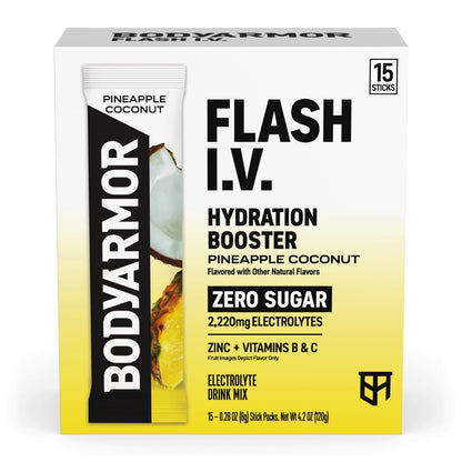BODYARMOR Flash I.V. Elektrolyt-Päckchen, Ananas-Kokosnuss, Null Zucker, Getränkemischung für Sport, Reisen und Alltag (15 Stück)