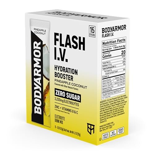BODYARMOR Flash I.V. Elektrolyt-Päckchen, Ananas-Kokosnuss, Null Zucker, Getränkemischung für Sport, Reisen und Alltag (15 Stück)