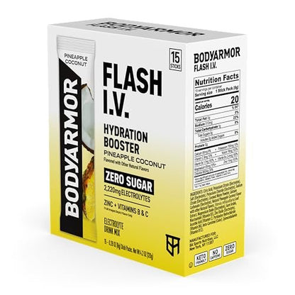 BODYARMOR Flash I.V. Elektrolyt-Päckchen, Ananas-Kokosnuss, Null Zucker, Getränkemischung für Sport, Reisen und Alltag (15 Stück)