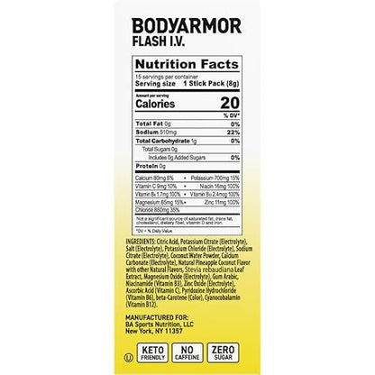 BODYARMOR Flash I.V. Elektrolyt-Päckchen, Ananas-Kokosnuss, Null Zucker, Getränkemischung für Sport, Reisen und Alltag (15 Stück)
