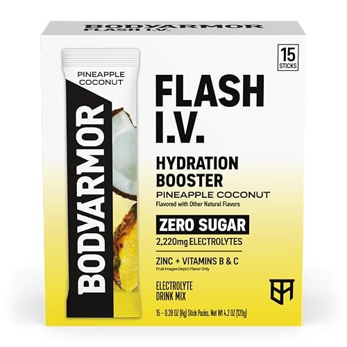 BODYARMOR Flash I.V. Elektrolyt-Päckchen, Ananas-Kokosnuss, Null Zucker, Getränkemischung für Sport, Reisen und Alltag (15 Stück)