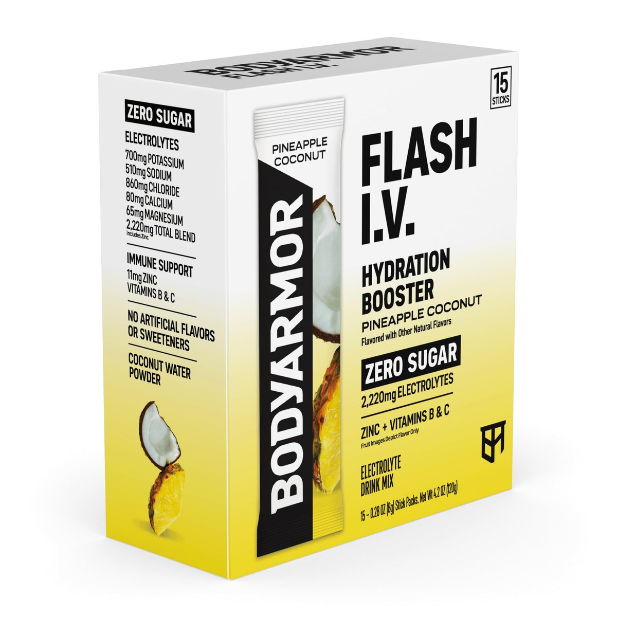 BODYARMOR Flash I.V. Elektrolyt-Päckchen, Ananas-Kokosnuss, Null Zucker, Getränkemischung für Sport, Reisen und Alltag (15 Stück)