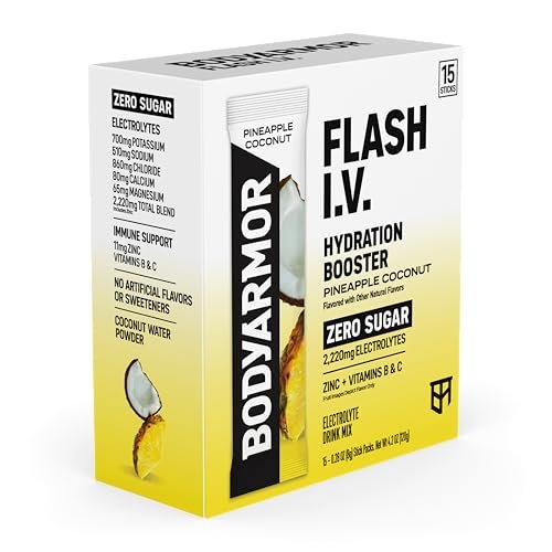 BODYARMOR Flash I.V. Elektrolyt-Päckchen, Ananas-Kokosnuss, Null Zucker, Getränkemischung für Sport, Reisen und Alltag (15 Stück)