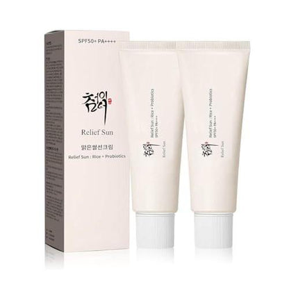 RELIEF SUN Bio Sonnencreme SPF50+, PA++++ Reis & Probiotika | Koreanische Hautpflege für alle Hauttypen, nährende Hautschutz und UV-Abwehr (2er-Pack)