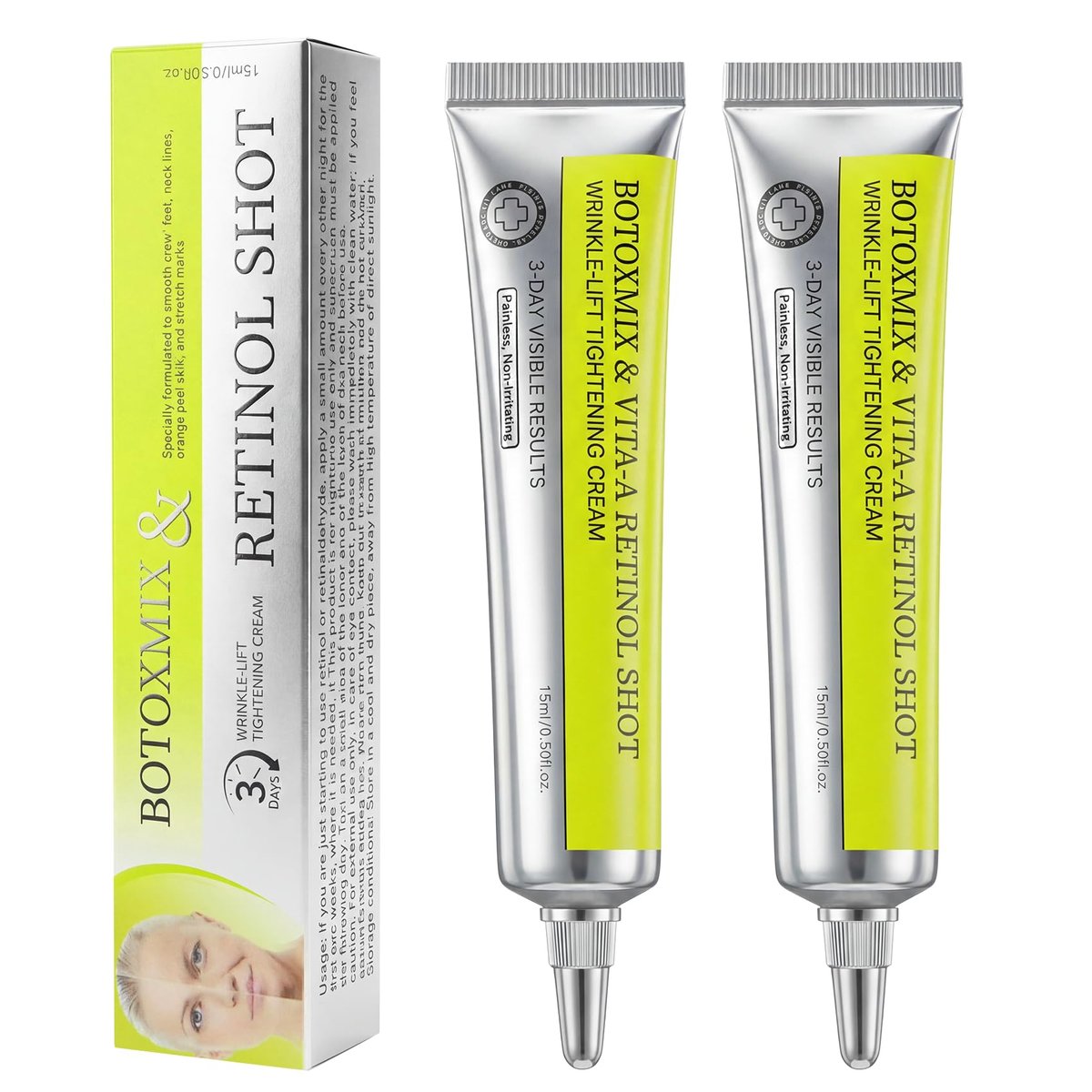 Botoxmix & Vita-A Retinol Shot Falten-Lifting-Straffungscreme, Hochwirksames Retinoid gegen Hautalterung, Anti-Falten-Creme – Natürlicher Porenverfeinerer, Fältchen & feine Linien für alle Hauttypen (2 Flaschen)