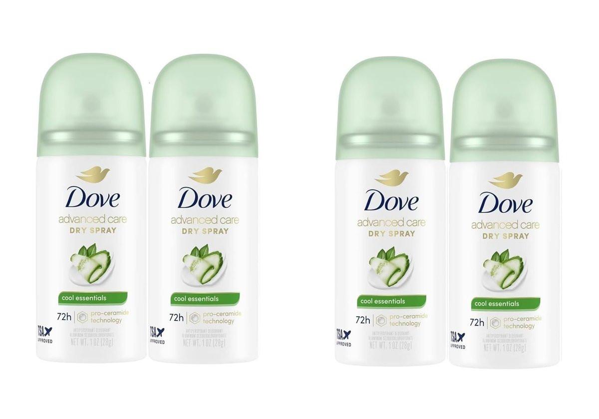 Dove Advanced Care Cool Essentials Antitranspirant & Deodorant Trockenspray – Reisegröße 1 oz (2x2 = 4er-Pack) 72-Stunden-Schweiß- und Geruchsschutz, kühler frischer Duft mit Birne und Gurke