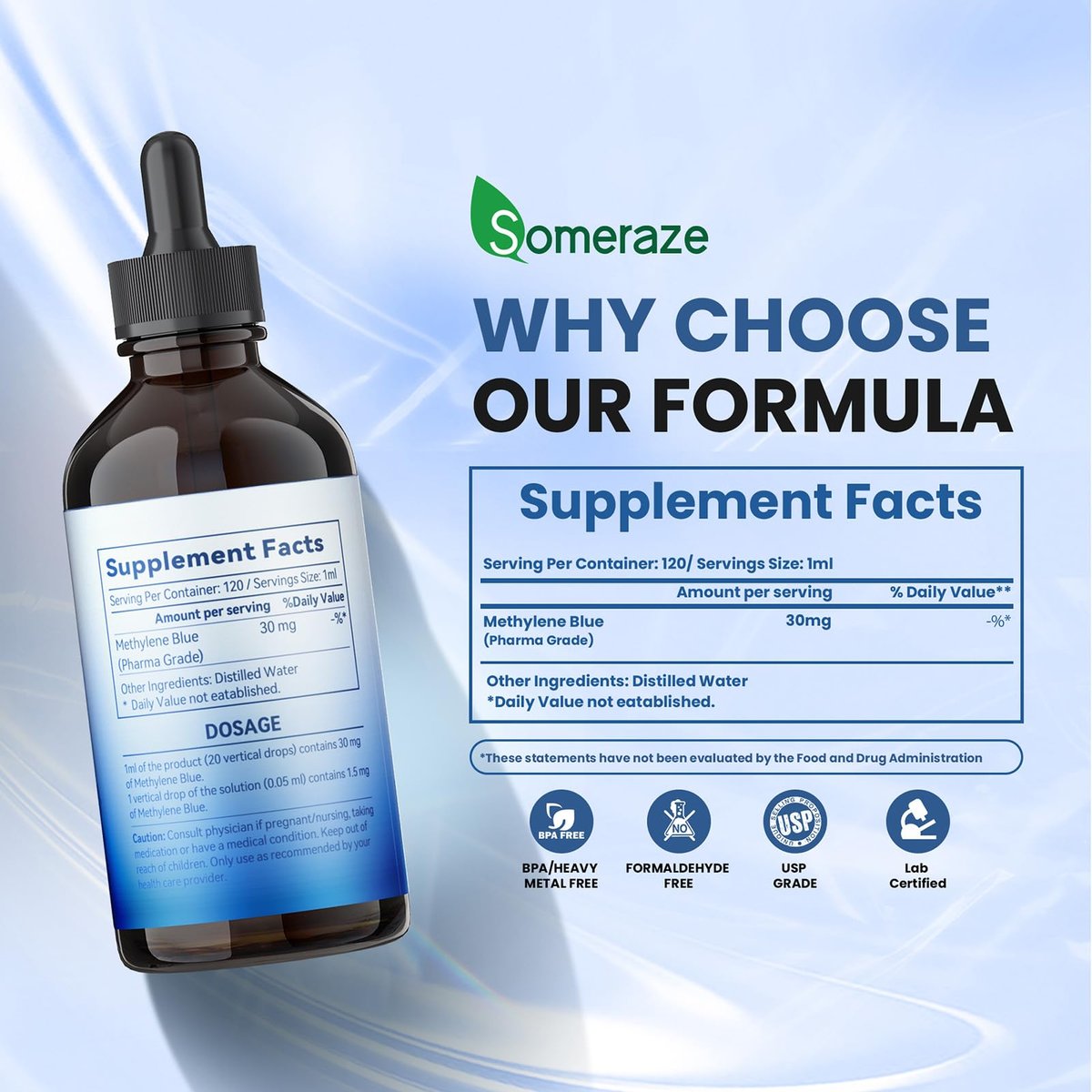 3% Methylenblau-Tropfen – Hochreine USP-Pharmaziequalität, kognitive Unterstützung, fokussiert, alkoholfrei, formaldehydfrei, 120 ml (4,06 FL OZ)