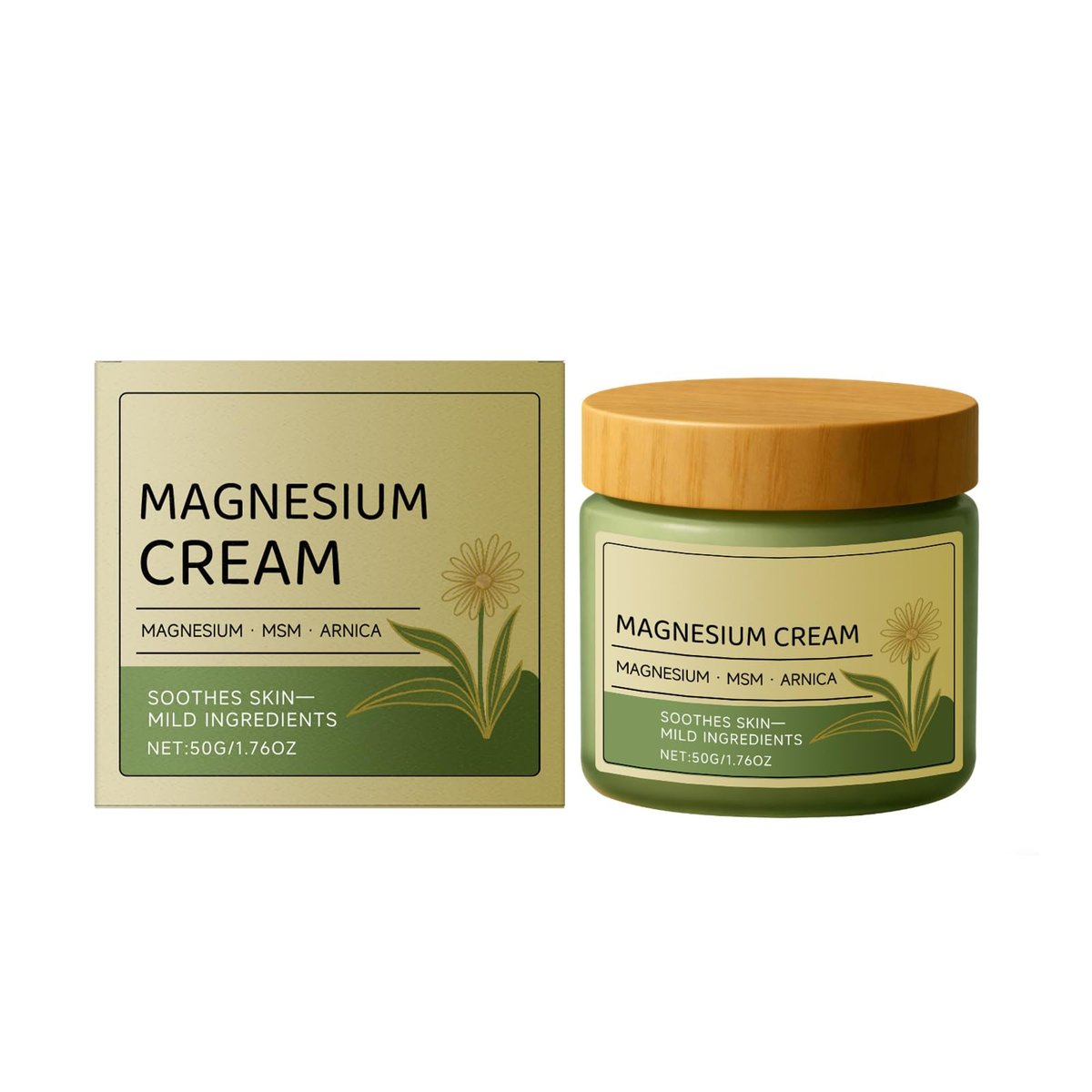 Magnesium Creme mit MSM & Arnika, schnell einziehende & nicht fettende Feuchtigkeitslotion, milde Inhaltsstoffe, zur Beruhigung der Haut, tägliche Körperpflegecreme, 50g/1,76oz