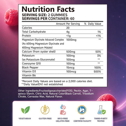 Yalvive Magnesium Glycinate Gummies 1000mg - Zuckerfrei mit Malat, Calcium, Kalium, CoQ10, Vitamin B6 & D3 - 120 Stück - Unterstützt Schlaf, Muskeln, Knochen, Gedächtnis & Konzentration