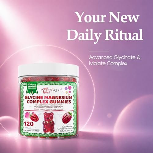 Yalvive Magnesium Glycinate Gummies 1000mg - Zuckerfrei mit Malat, Calcium, Kalium, CoQ10, Vitamin B6 & D3 - 120 Stück - Unterstützt Schlaf, Muskeln, Knochen, Gedächtnis & Konzentration
