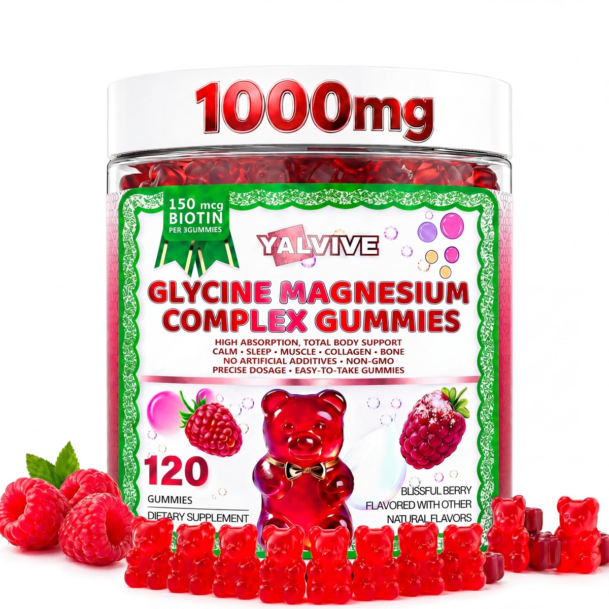 Yalvive Magnesium Glycinate Gummies 1000mg - Zuckerfrei mit Malat, Calcium, Kalium, CoQ10, Vitamin B6 & D3 - 120 Stück - Unterstützt Schlaf, Muskeln, Knochen, Gedächtnis & Konzentration