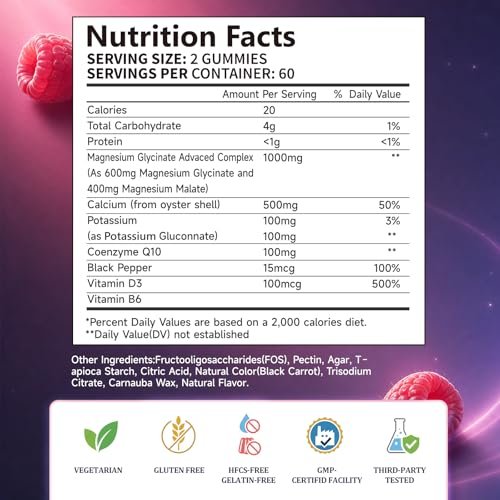 Yalvive Magnesium Glycinate Gummies 1000mg - Zuckerfrei mit Malat, Calcium, Kalium, CoQ10, Vitamin B6 & D3 - 120 Stück - Unterstützt Schlaf, Muskeln, Knochen, Gedächtnis & Konzentration